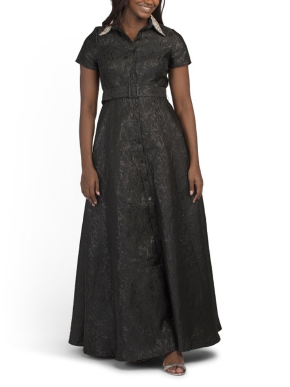 Rene Ruiz Embellished Collar Jacquard Knit Gown With Belt